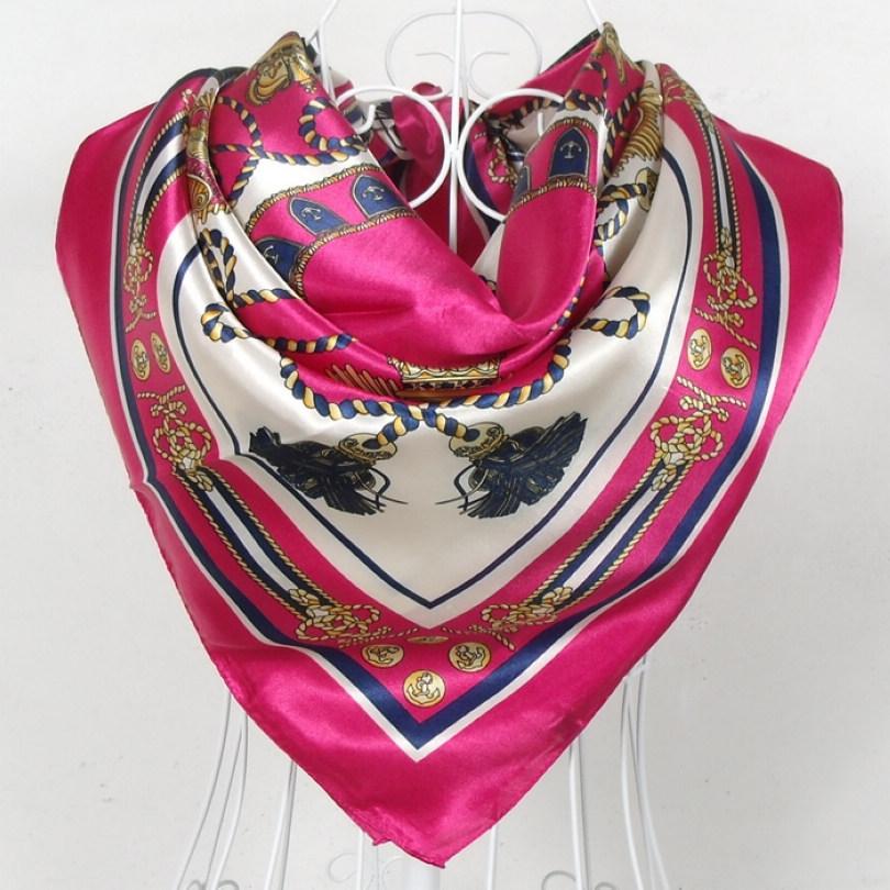 New Style Female Satin Red Big Square Silk Scarf Printed, Women Coffee Silk Scarf Hijab Wraps For Summer,Autumn 90*90cm