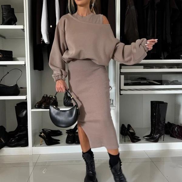 New Fall/Winter Women's Loose-Fit Off-the-Shoulder Batwing Sleeve Sweatshirt Tank Top and Maxi Dress Set