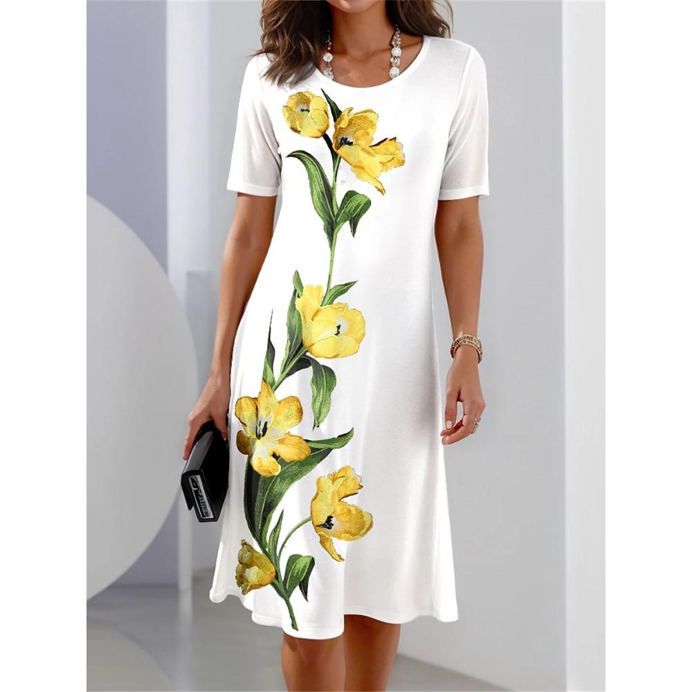 Women's Casual Dress Summer Retro Style Round Neck Short Sleeved Floral Print Comfortable Fashion Daily