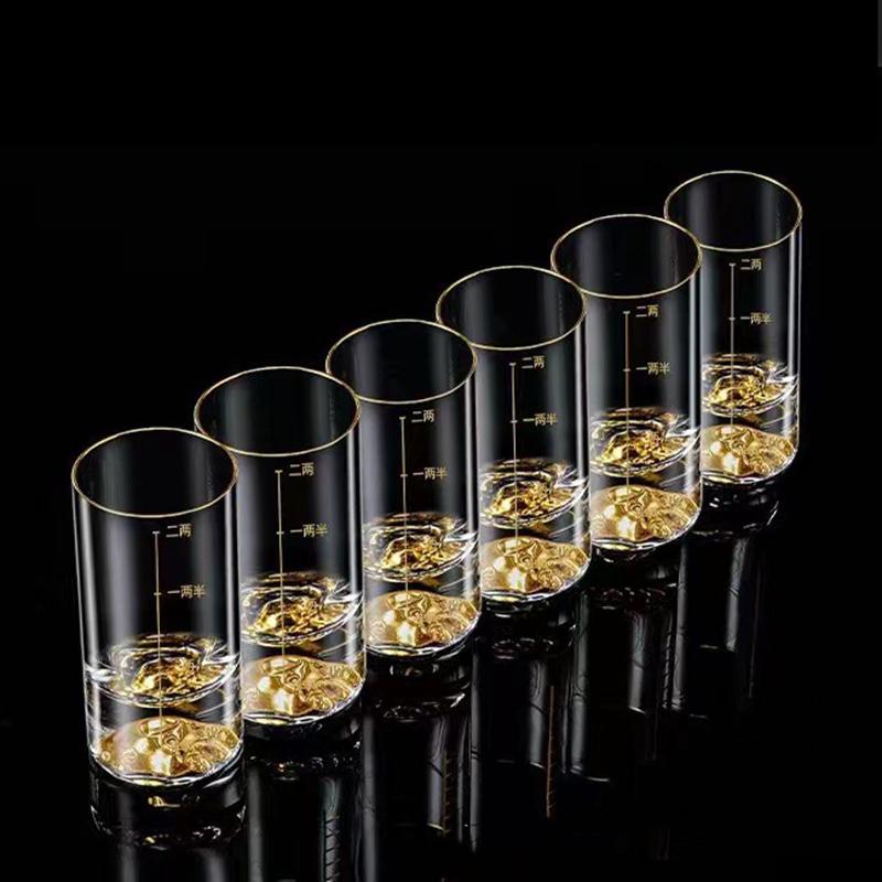 6er Set 3,4oz 100ml Klassische Brandygläser Dickbodig Goldenes Bergglas Transparentes Likörglas mit goldener Skalenlinie