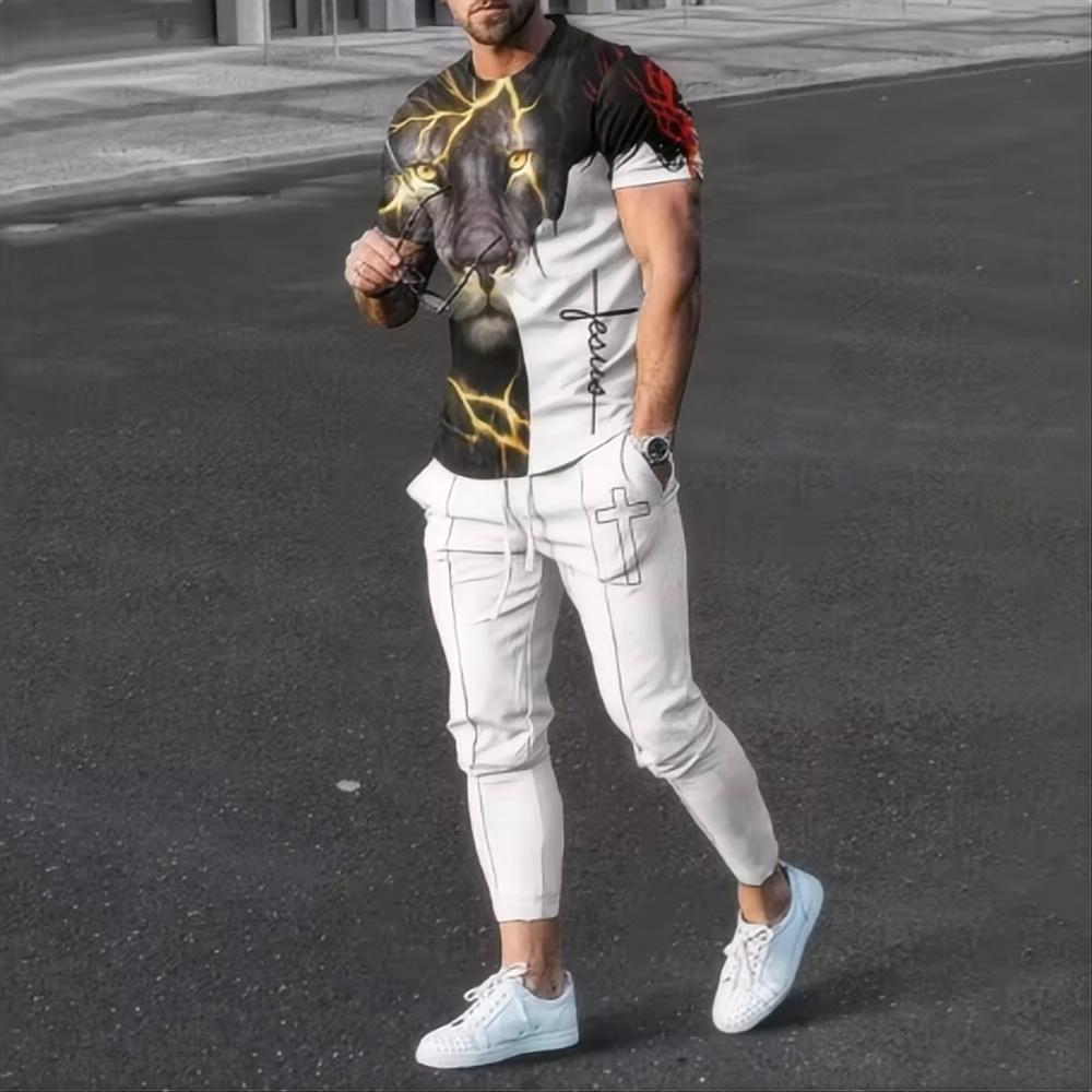 Sommermode Neues Herren-Hosen-Sportset 3D-bedrucktes gestreiftes Kurzarm-T-Shirt+Hose 2-teiliges Set Herren-Sportset