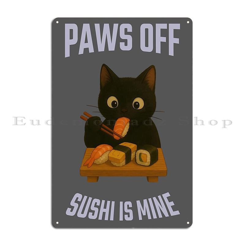 Sushi Chef Cat Funny Restaurant Kitty Japanese Food Cute Kawaii Black Cat Eating Sushi Metal Printing Wall Bar Tin Sign Poster