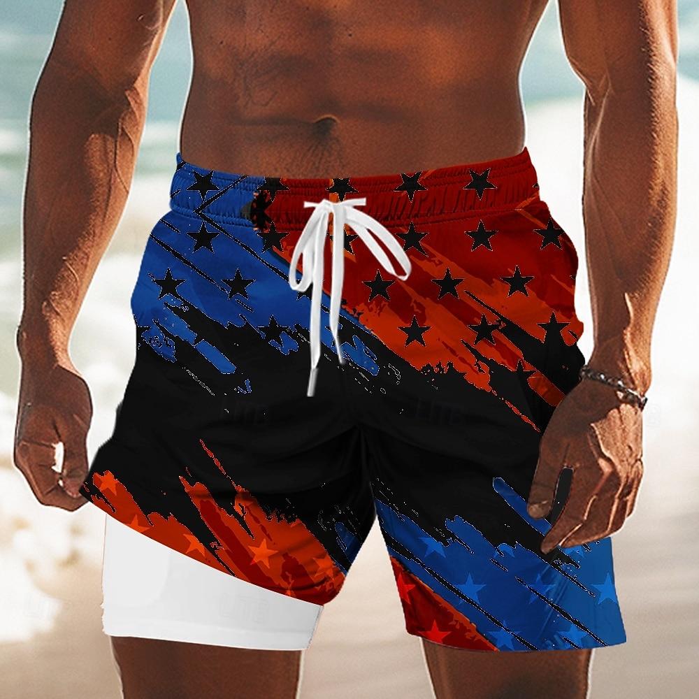 Men's 4th of July U.S. 250th Anniversary US Flag Lined Shorts 2 In 1 Board Shorts With Compression Liner Elastic Drawstring Waist Designer