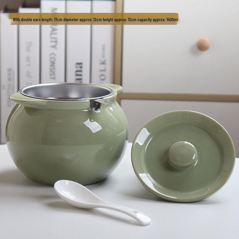 Ceramic Double-Handled Lard Jar with Lid - High-Temperature Resistant Kitchen Oil Storage Pot