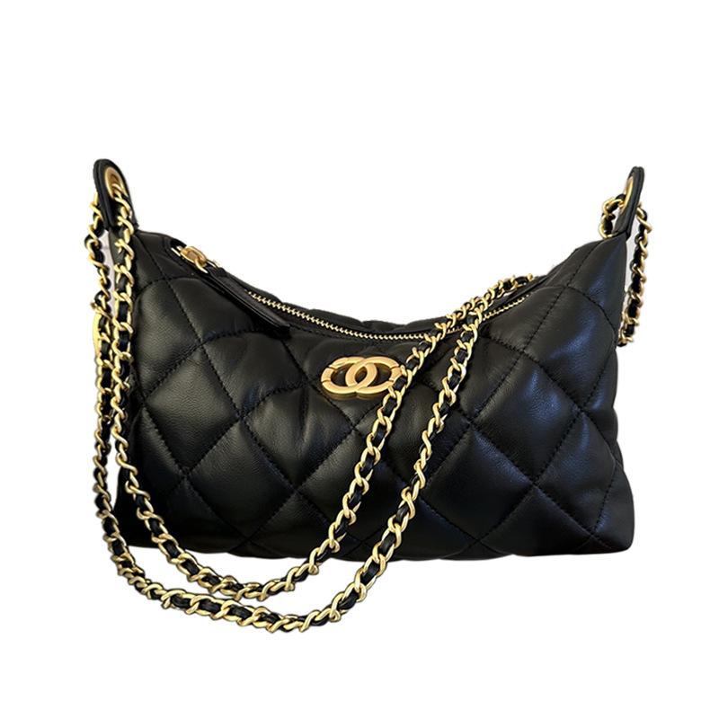 Rhombus Chain Hobo Dumpling Bag Black Sheepskin Double Circle Hardware Underarm Bag Method Stick Shoulder Bag Women