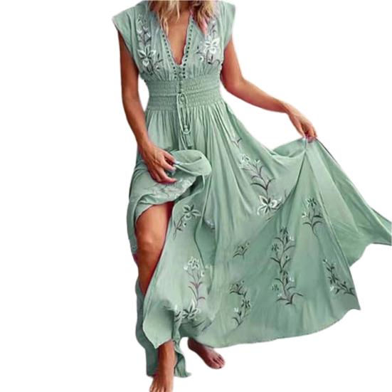 Women Dress Floral Print Lace-up Summer Bohemian Vintage Maxi Dress for Beach