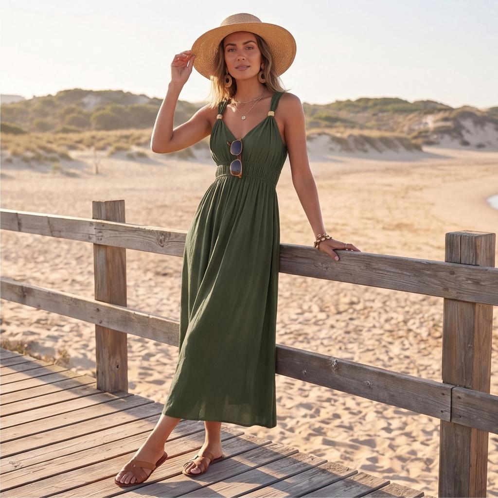 Abito Lungo Estivo da Donna Senza Maniche Scollo a V Vita Stretta Spiaggia Vacanza Casual Svasato Linea ad A Abito Lungo Maxi
