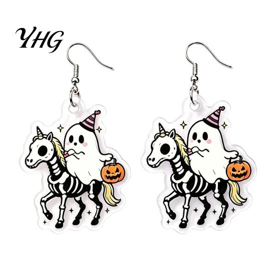 Unique Gothic Dangle 1 Pair Acrylic Halloween Earrings for Women, 2D Flat Cute Cartoon Playful Dark Style Ghost Skull Drop Earrings, Holiday