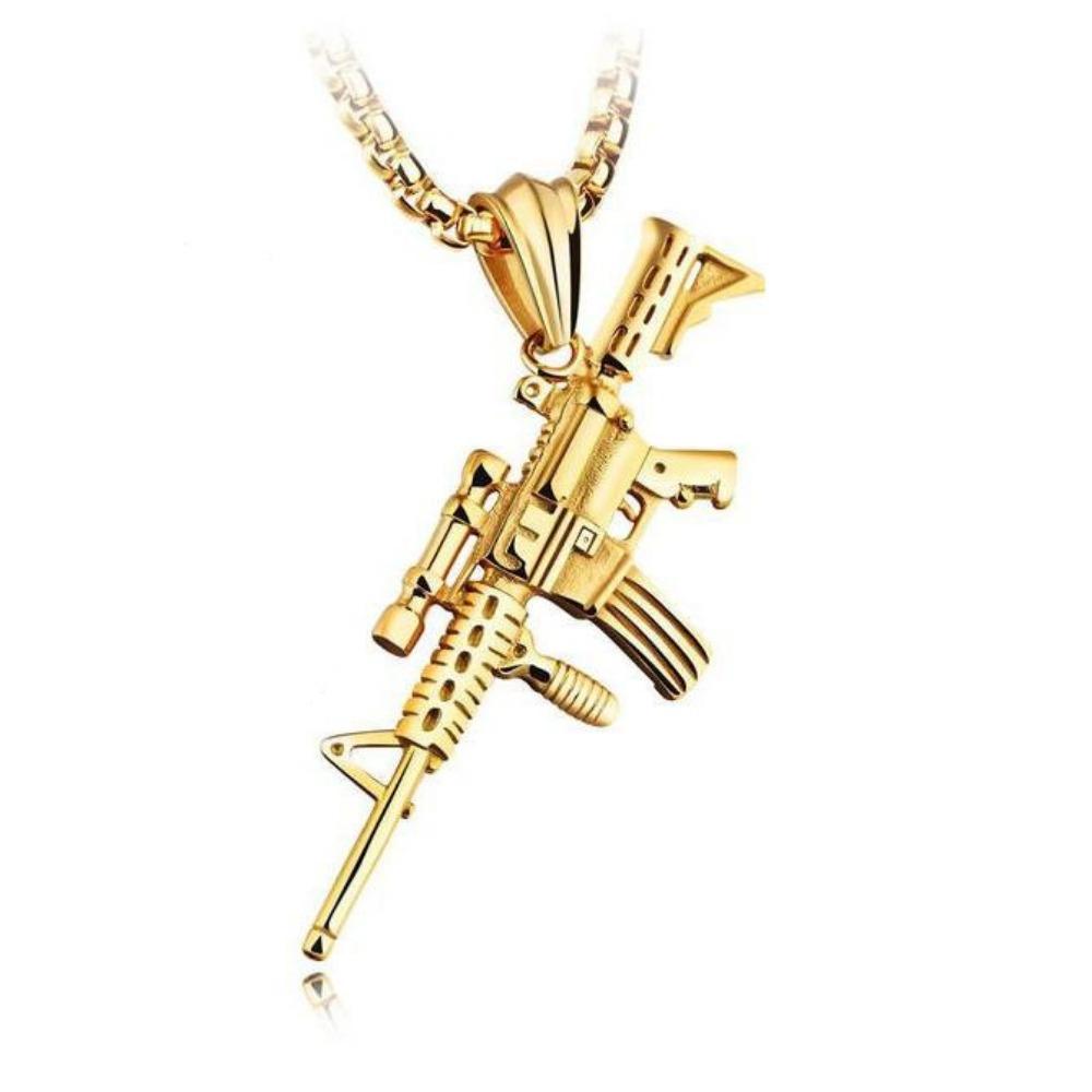 Hip Hop Refined Stylish Iced Out Gold Silver Color Alloy M4 Gun Pendants Necklace for Men Rapper Jewelry