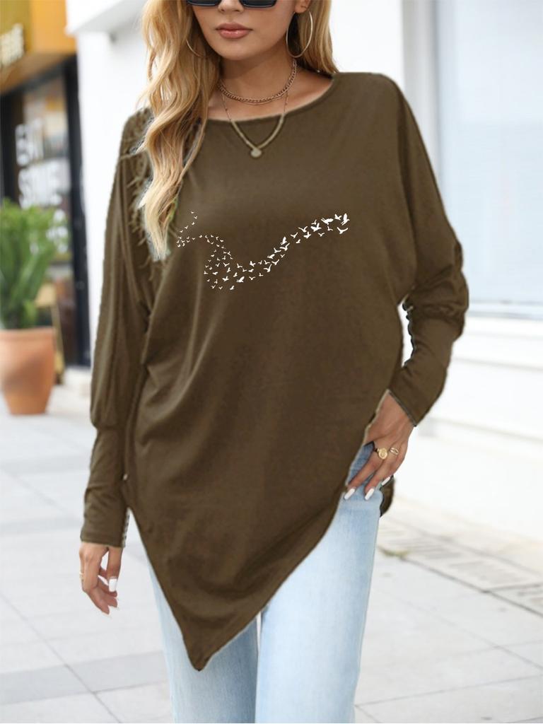 Damenmode Bedrucktes Langarm-Top Damen Übergröße Langarm Frühling/Herbst Asymmetrischer Saum T-Shirt