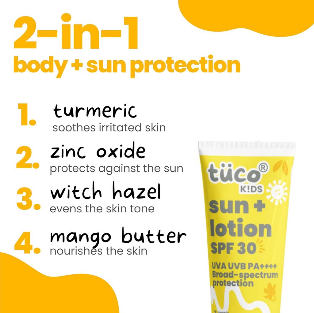 Tuco® Kids 2 in 1 Sunscreen + Body Lotion with SPF 30 | Turmeric, Licorice, Mango Butter | UVA/UVB PA++++ | Ages 2-5, 5-10, 10-15 | 100 ml (Pack of 2)