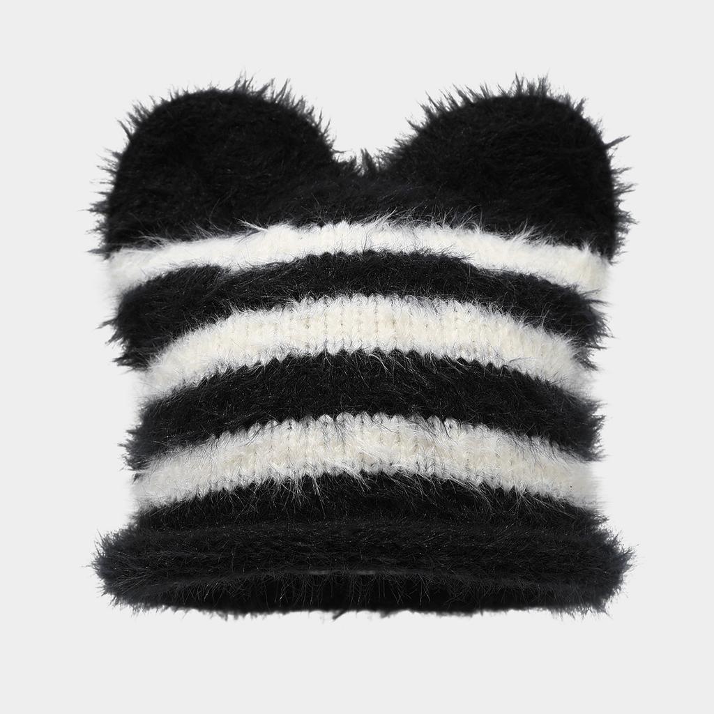 Women's Color Block Striped Ear Hat, Thick Knit Outdoor Winter for Cold