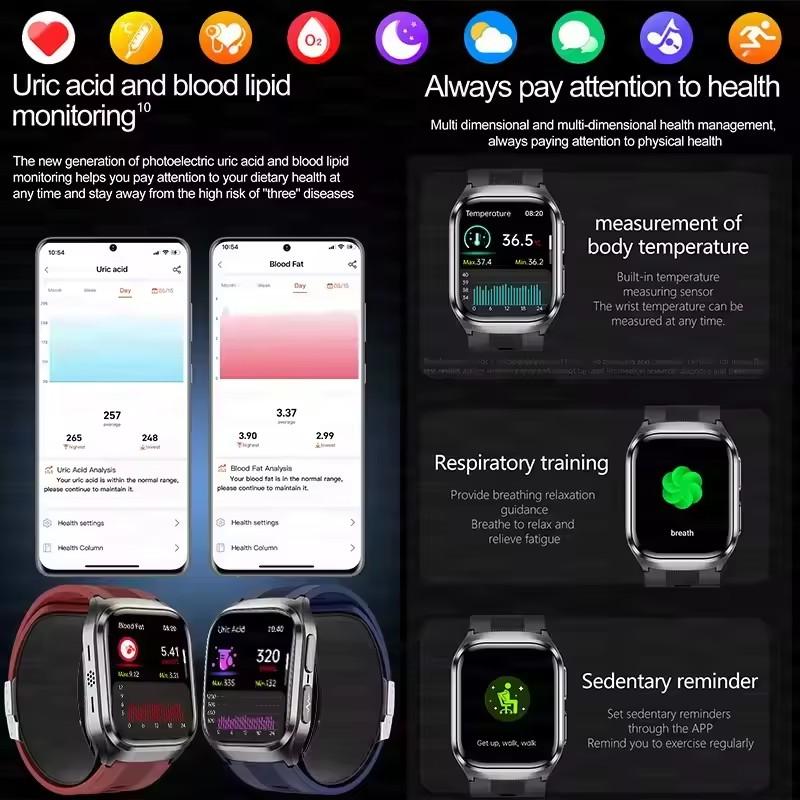 2026 New Men Airbag Air Pump ECG Blood Pressure Uric Acid Blood Fat Temp Health Monitor Bluetooth Call 2.06-inch AMOLED Smart Watch