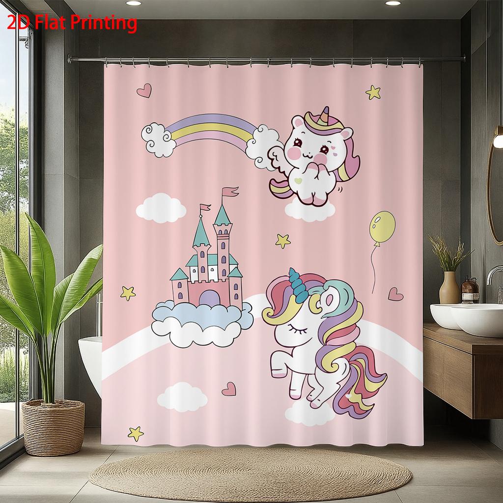 1Pc Pink Dreamy Unicorn Print Waterproof Shower Curtain Partition Privacy Hanging Curtain, With 12 Hooks, Multiple Sizes