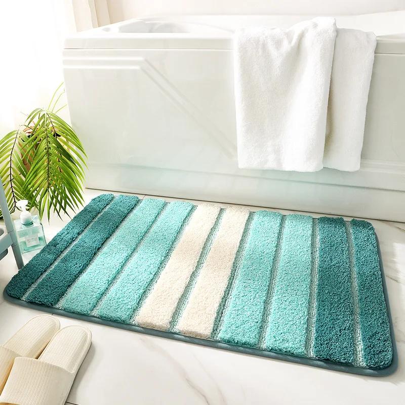 Gradient Striped Bath Mat | Thickened Flocked Super Absorbent & Quick-Dry | Non-Slip Bathroom Rug for Shower Floor Decor