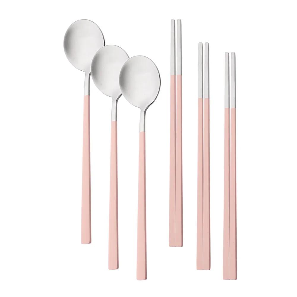 6Pcs Pink Silver Flatware Set Kitchen Matte Dinnerware Set Stainless Steel Cutlery Set Korean Spoons Chopsticks Tableware Set розовый/серебряный