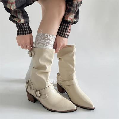 Herbst Winter Damen Western Cowboy Stiefel Vintage Schlupfschuhe Dicke Absätze Schuhe Damen Mid Calf Botas Zapatos De Mujer