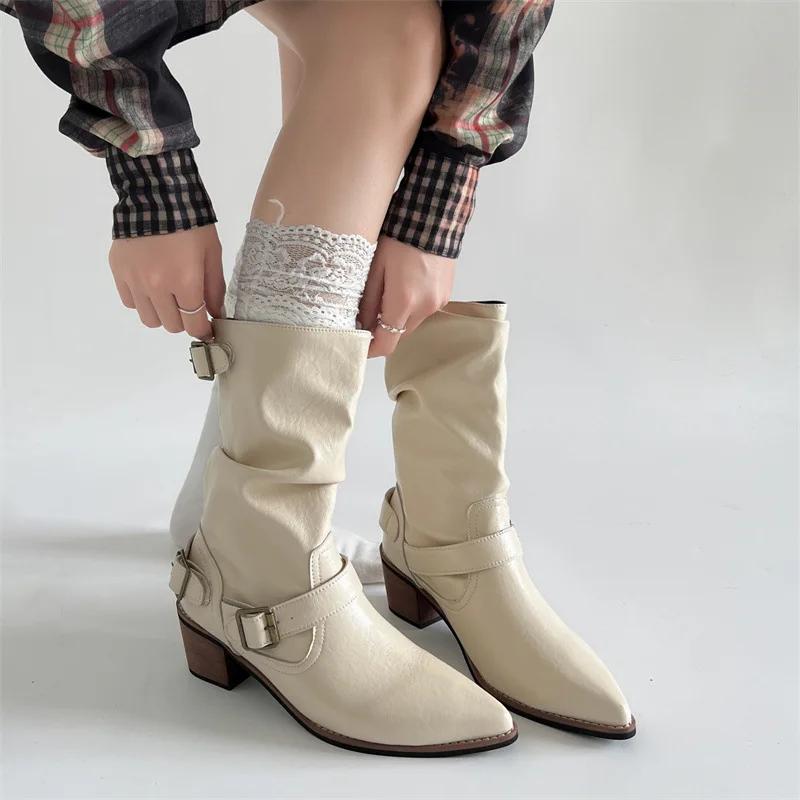 Fashion Autumn Winter Women Western Cowboy Boots Vintage Slip On Thick Heel Shoes Ladies Mid Calf Botas Zapatos De Mujer