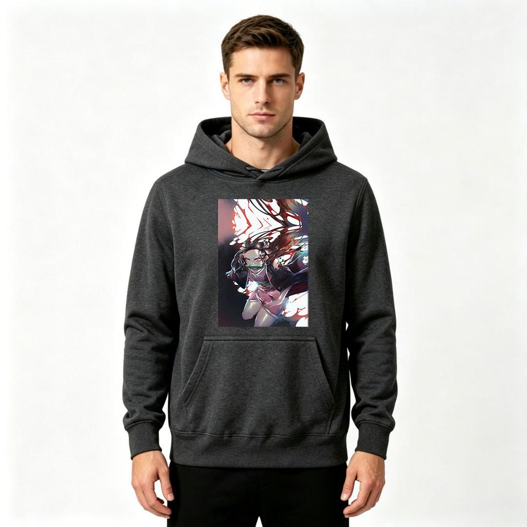 Men Anime Printed Pullover Hoodie Casual Long Sleeve Nezuko Character Graphic Hooded Sweatshirt