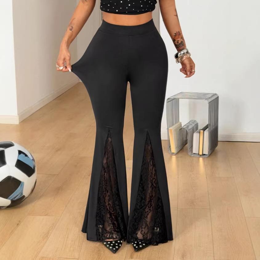 Women s High Waist Flare Pants Side Slit Lace Cutout Black Slim Fit Trousers XS