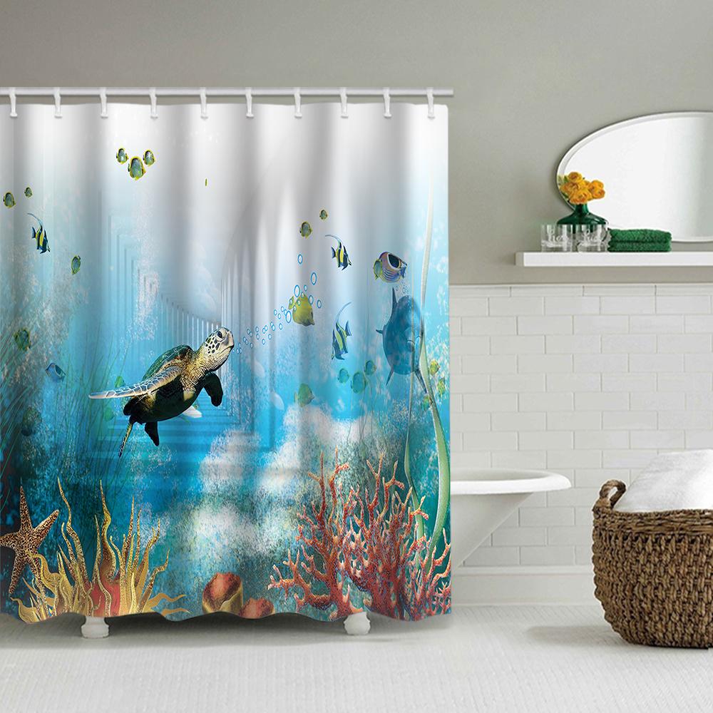 1/4 Marine Organism Shower Curtains, Toilet Seat Decoration, Shower Curtain With Carpet And Toilet Lid, 12 70.8X70.8 Inch Hooks