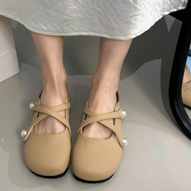 Fashion New Round Toe Shallow Mouth Soft Sole Slippers Women's Fashion Cross Pearl Band Non-slip Wrapped Head Slippers