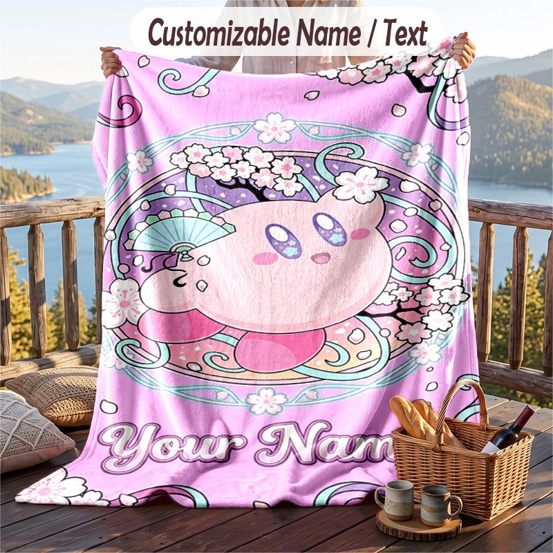 Kirby Flannel Blanket, Personalized Custom Name Text, Soft Warm Plush Throw Blanket For Gift