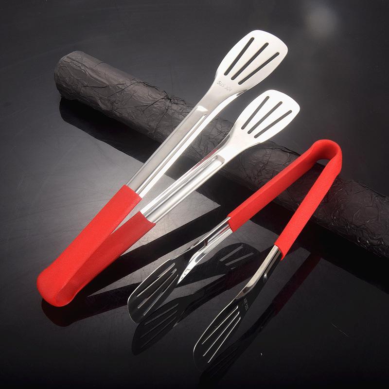 304 Edelstahl Hochtemperatur-Beständig Lebensmittelzange mit Verbrühschutz Rotem Gummi-Griff