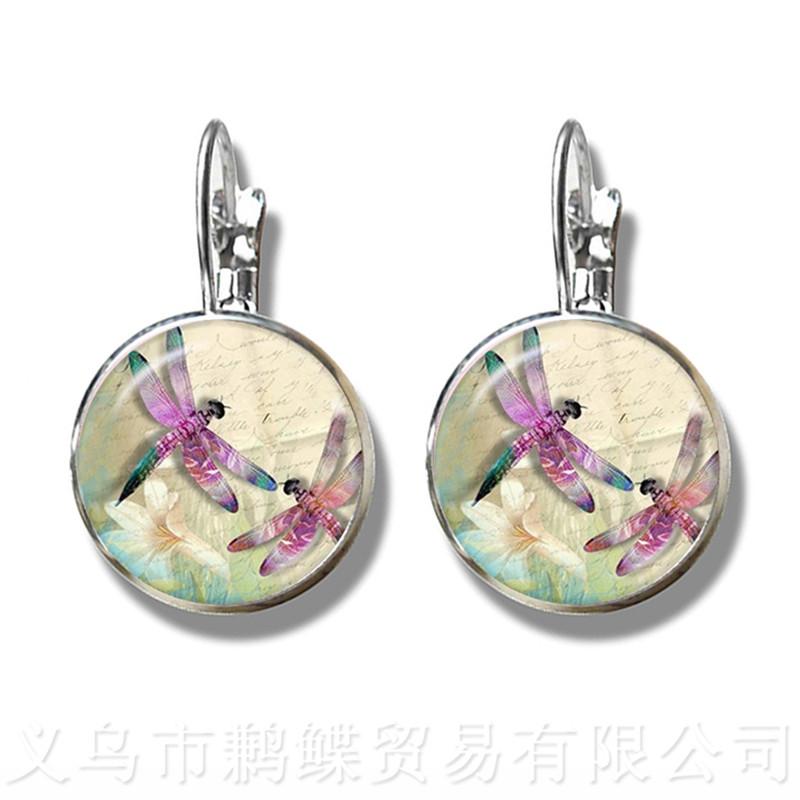 

Dragonfly Pattern Stud Earrings Insect Art Picture 16mm Glass Cabochon Dome Charm Earrings For Women Girls Creative Gift