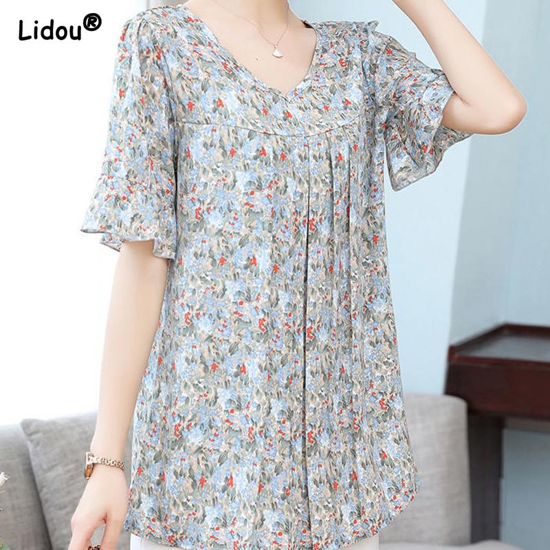 Nya Damkläder Lösa Rundhalsad Blommig Elegant Mode Tröjor Tryck Kortärmad Tunn Sommar Casual T-shirts