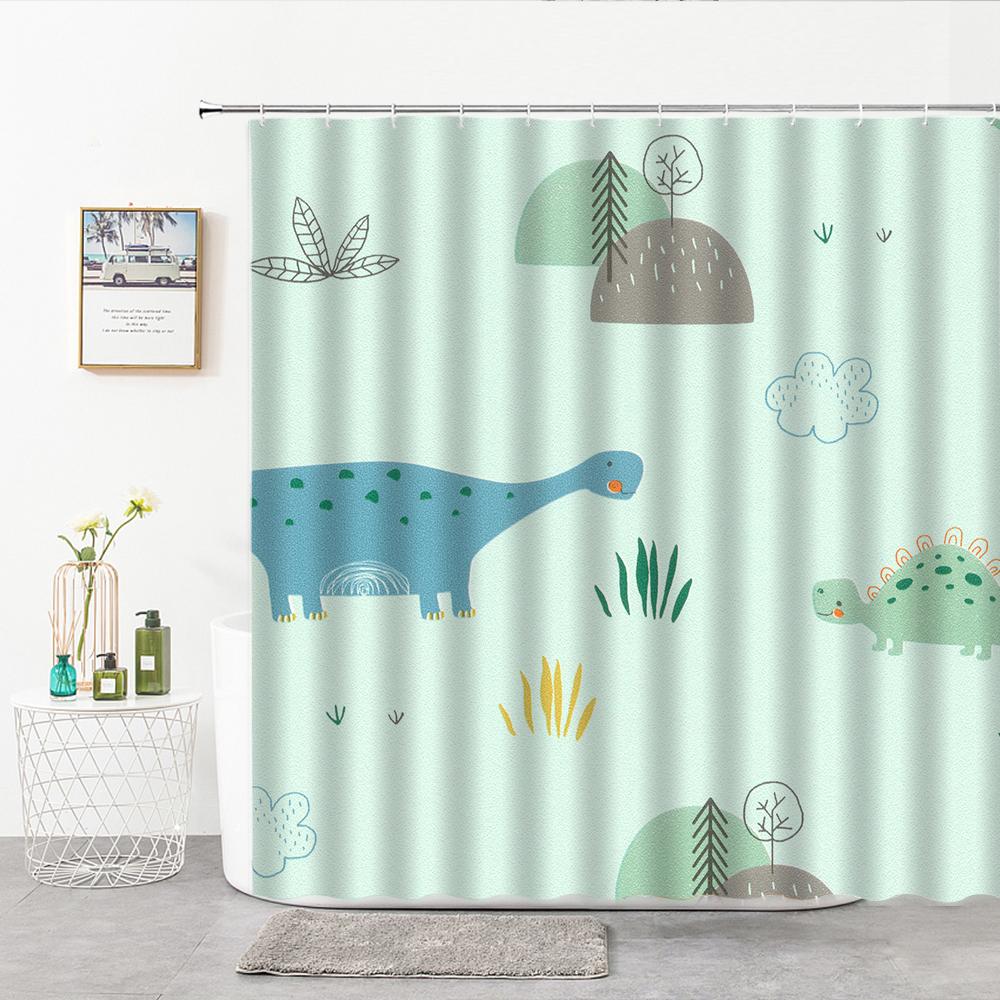 Cartoon Dinosaur Shower Curtain Fabric Hooks Children's Room Decoration Cloth Toilet Bath Curtain Home Background Wall Covering