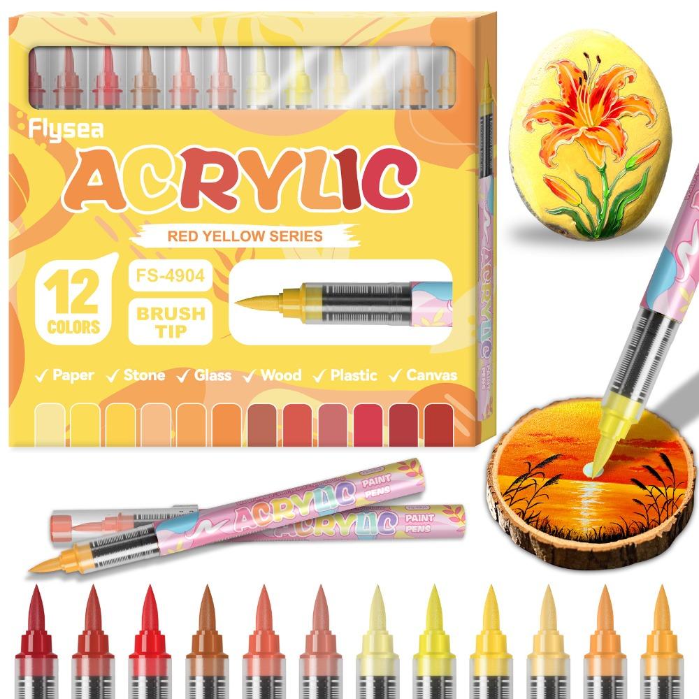 12 Colors Acrylic Paint Markers Direct-Liquid Ink Soft Brush Tip Acrylic Marker Pen Art Supplies DIY Premium Highlight Marker