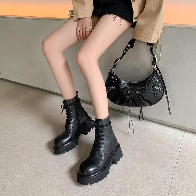 Polished First-layer Cowhide Martin Boots Women's Locomotive Boots Autumn and Winter New Thick-soled Medium Heel Strap Casual Women's Short Boots