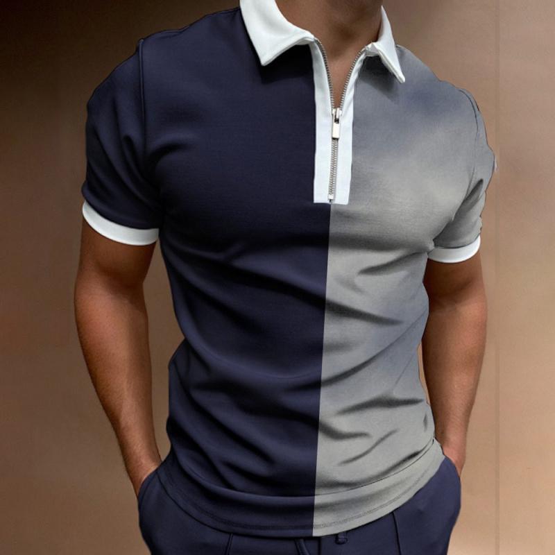 Summer Men's Casual Striped Houndstooth Digital Print T-Shirt Zipper Polo Shirt