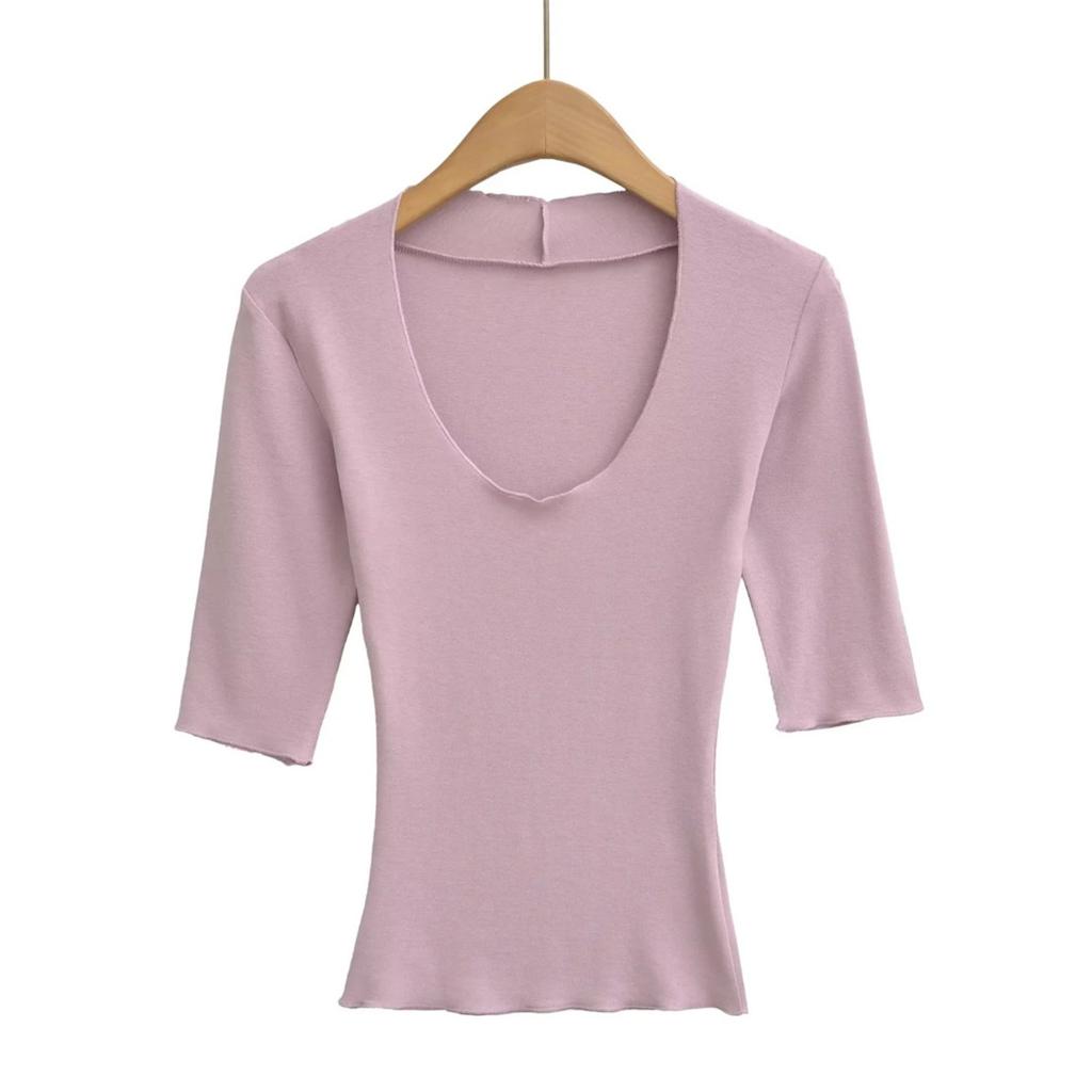 Women's Scoop Neck 3/4 Sleeve Slim Fit T Shirt Solid Color Basic Crop Top Casual Tee