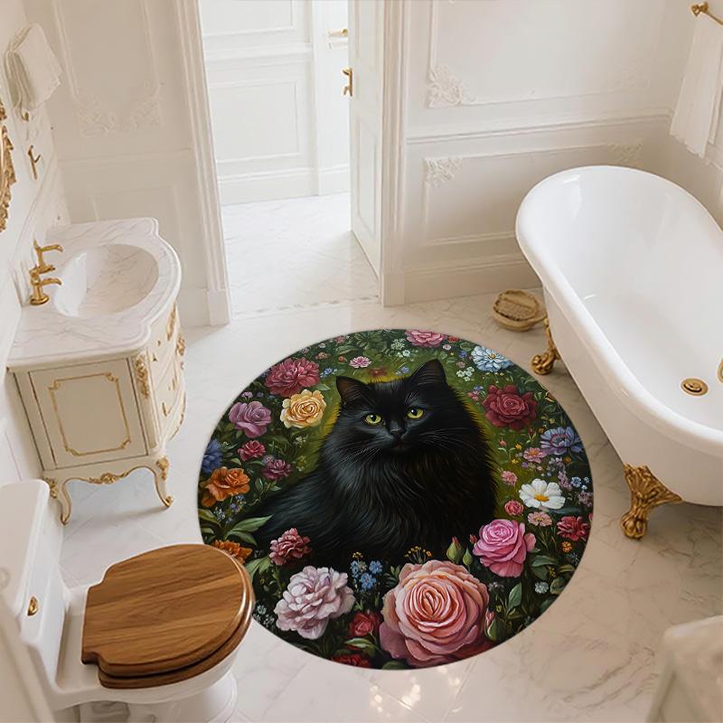 Floral Cat and Dog  Round Area Rug,Carpet Rug for Living Room Bedroom Sofa Playroom Decor,Non-slip Floor Mat