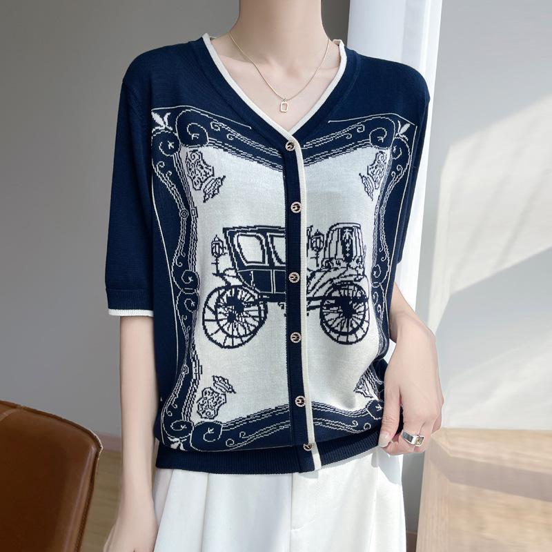 Retro Jacquard Blouse, Elegant and Youthful Coat, Summer New V-neck Short-sleeved Knitted False Cardigan for Women