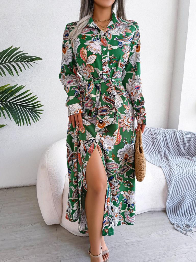 Turndown Collar Print Flower Button Dress High Waist Elegant  Shirt Dress for Women Long Sleeve Loose Dresses Causal Dress