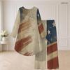 Women Plus Size Red Blue White Star Printed Round Neck Long Sleeve High Low Top Wide Leg Pants Two Piece Set