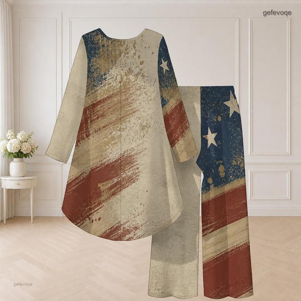 Women Plus Size Red Blue White Star Printed Round Neck Long Sleeve High Low Top Wide Leg Pants Two Piece Set