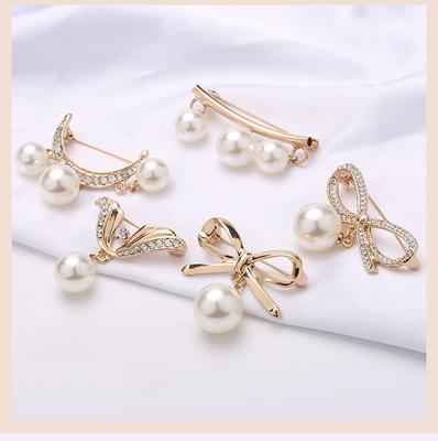 Rhinestone Bow Pearl Brooch Waist Pin Scarf Pin