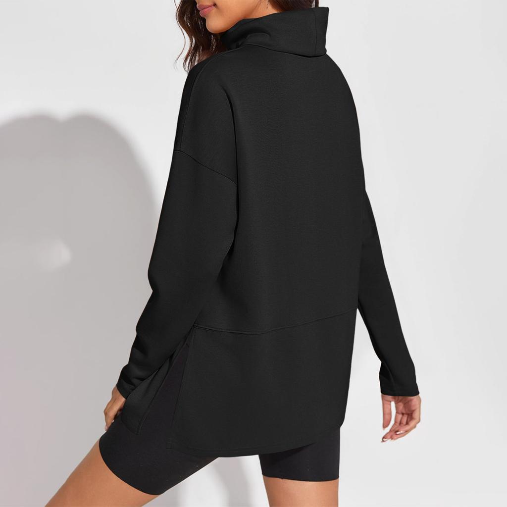 Women's Solid Color Slit Round Neck Sweatshirt Casual Top Loose Long Sleeved Top