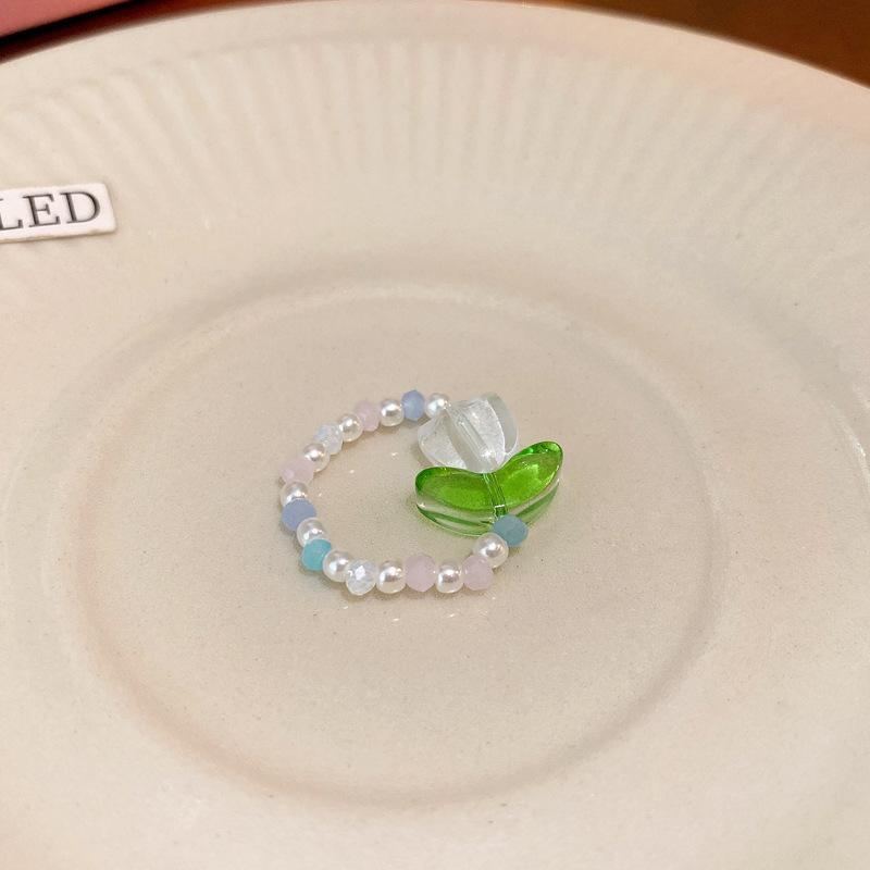 Acrylic flower pearl rhinestone elastic ring women's light luxury high-end sense fashion niche ring versatile jewelry women