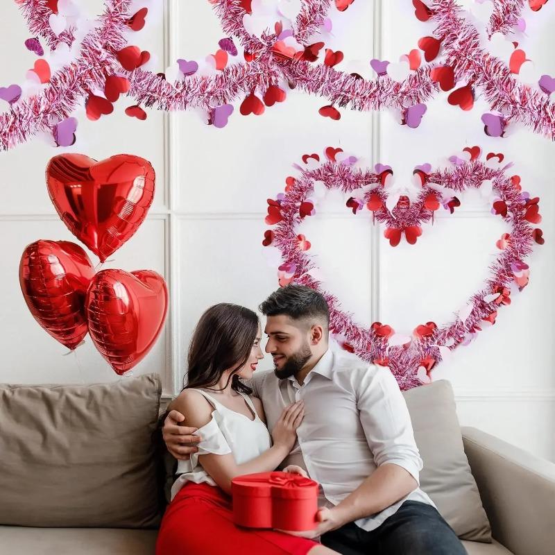 2M Valentines Heart Tinsel Garland Decorations Valentines Day Red Pink Metallic Garland for Wedding Birthday Hanging Decor