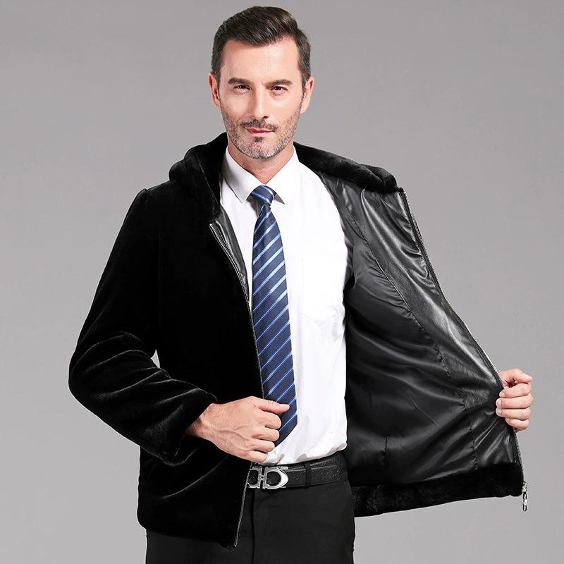 Winter Plush and Thickened Jacket Men's Mink Velvet Hood, Golden Mink Velvet Jacket Middle-aged and Elderly Father's Winter Cardigan New Style