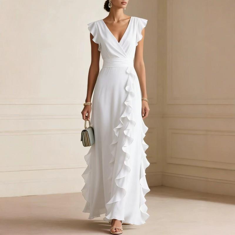 Elegant V-Neck Solid Color A-Line Midi Dress Women Sophisticated Wrap Detail Sleeveless Occasion