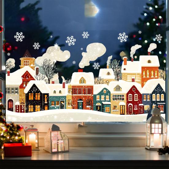 Easy Peel Glass Stickers Christmas Static Window Clings, Snow Town Snowflake Decals, Winter Village for Home Holiday Decor Decoration Seasonal Film