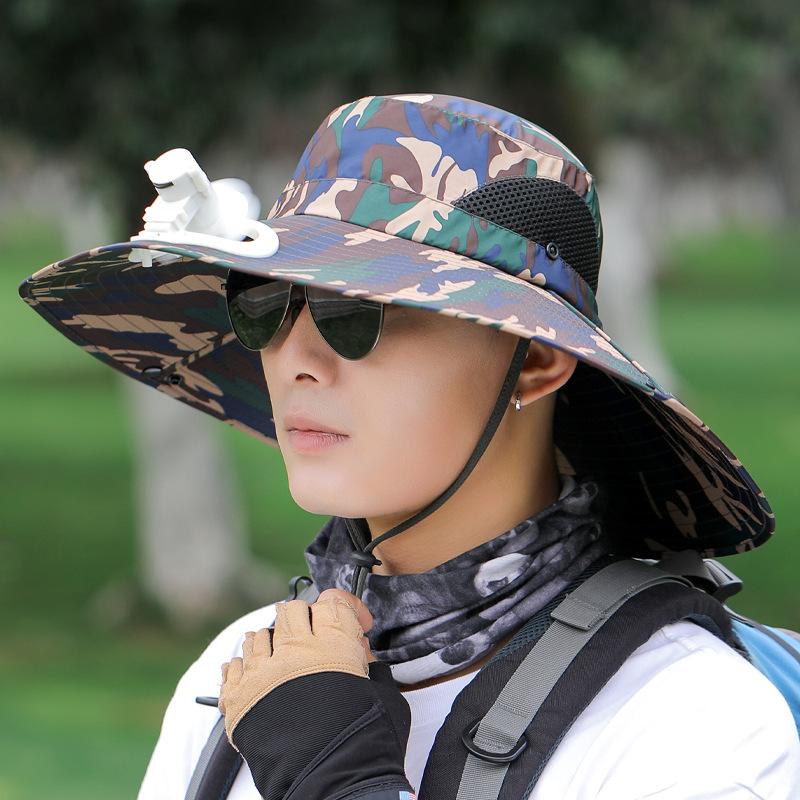 New sun hat with fan men's and women's summer outdoor fishing sun protection hat face cover print mountaineering big eaves bucket hat