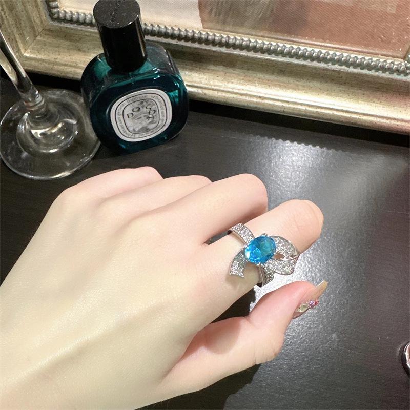18K Gold-Plated Blue Sapphire & Zircon Bow Knot Ring for Women
