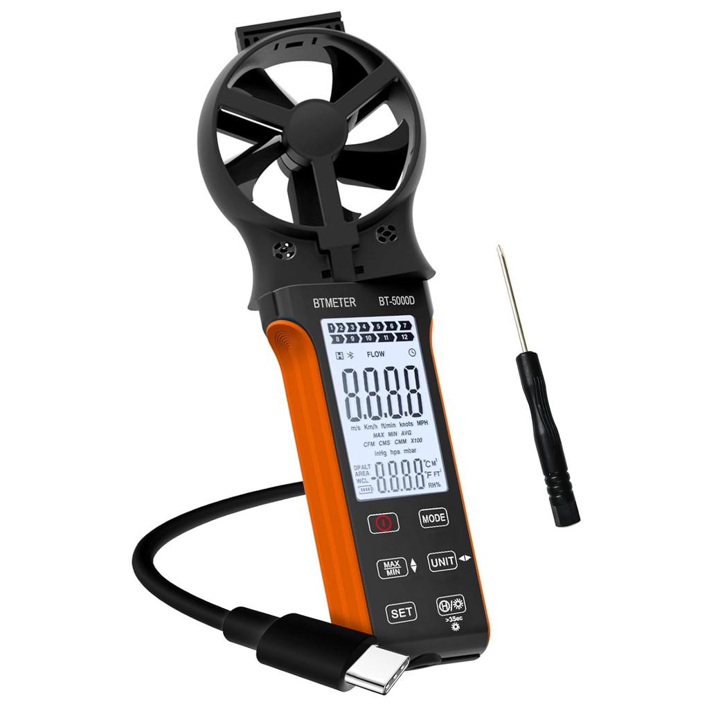BT-5000D multifunctional anemometer, air volume and temperature measuring instrument with rotatable probe, dustproof, waterproof, rechargeable